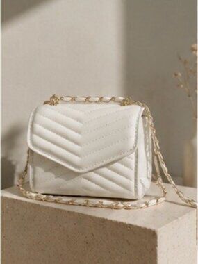 Luxe Quilted White Mini Shoulder Bag with Gold Chain